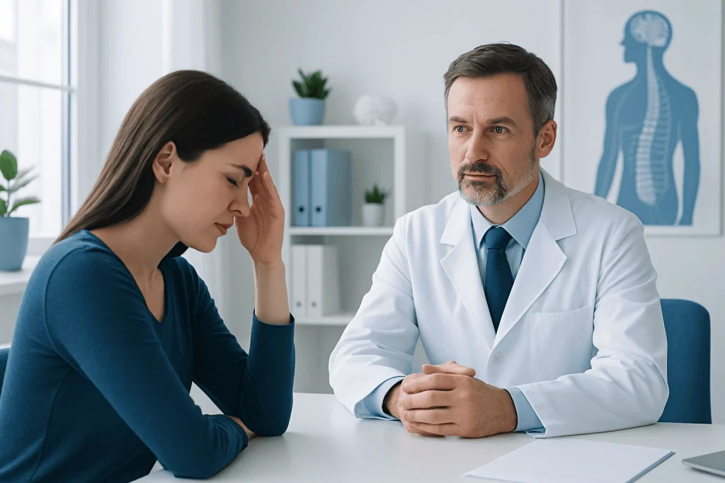 Doctor consulting with a patient experiencing headache in a medical office.
