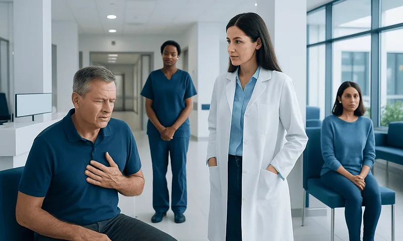 Patient experiencing chest pain during medical consultation at hospital.