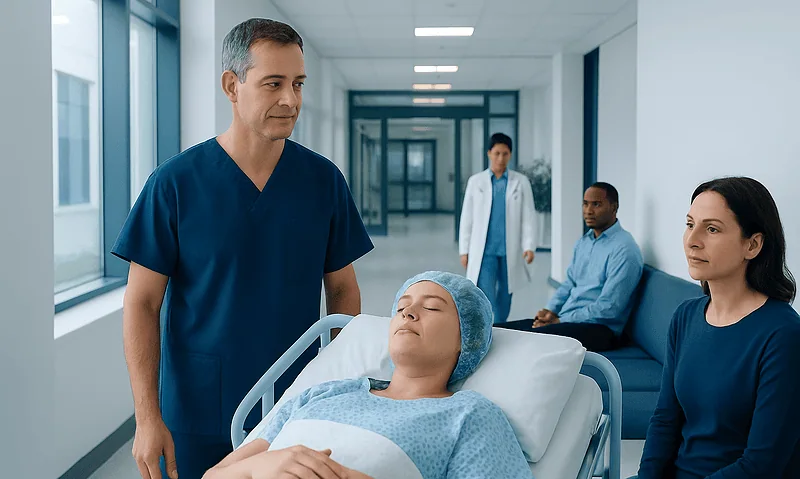 Medical team preparing patient for surgery in hospital corridor.