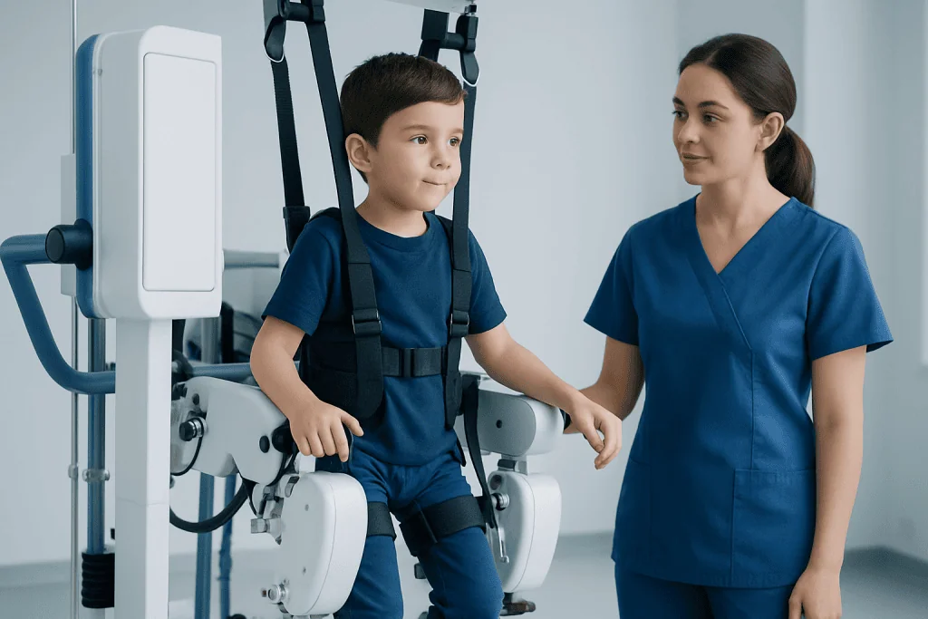 Child in harness undergoing physical therapy with healthcare professional.