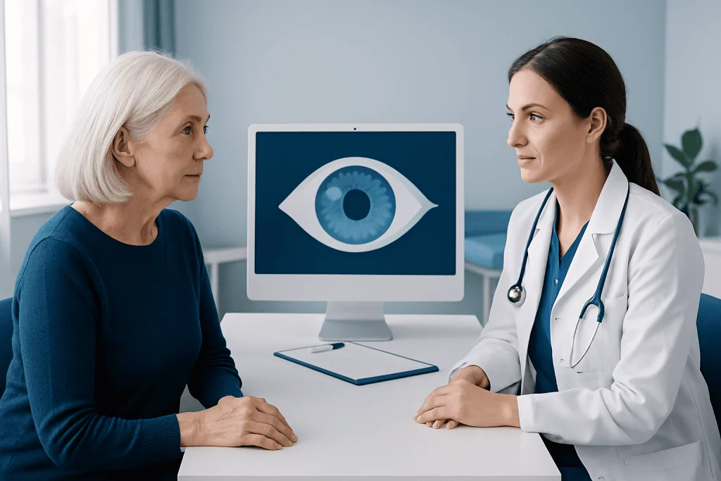 Ophthalmologist consulting with elderly patient about eye health.