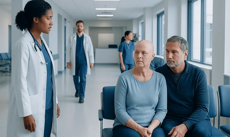 Oncologist discussing treatment options with a patient in hospital corridor.