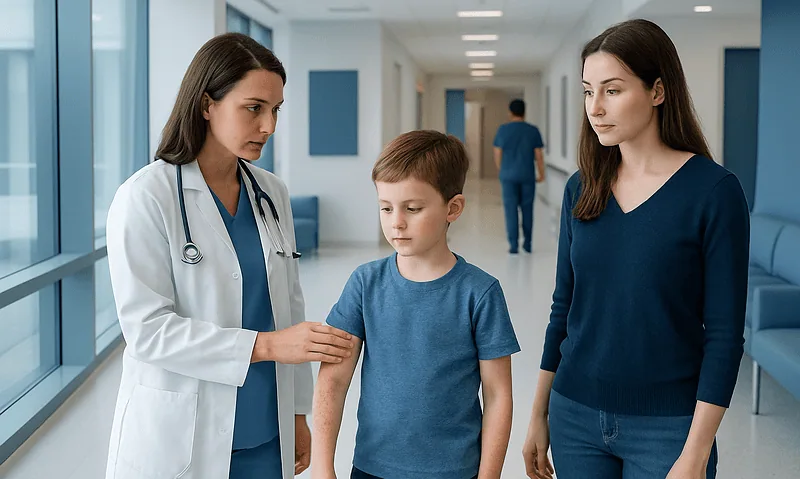 Strep Rash Pictures: Common Causes, Related Conditions, and When to See a Doctor 6 Doctor examining a child's arm in a hospital corridor.