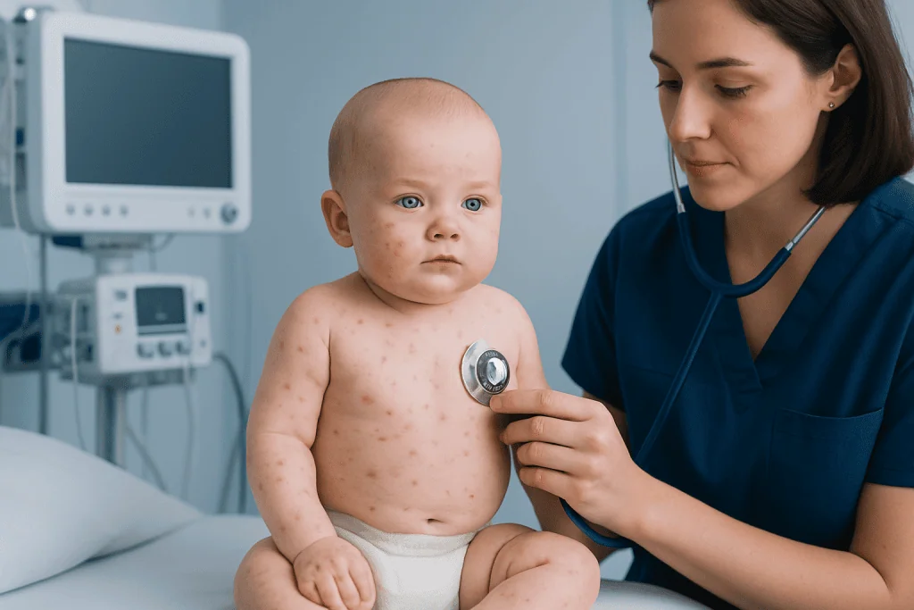 What do the spots look like and what symptoms may occur? — blueberry muffin rash