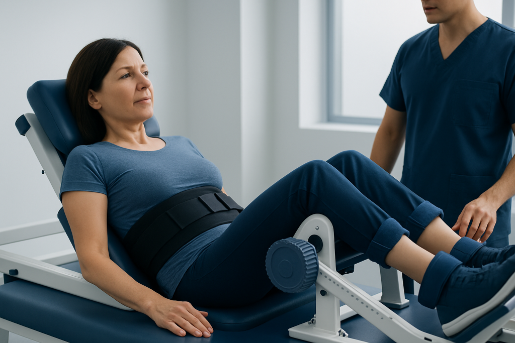 Patient undergoing lower back physical therapy exercise in clinic.