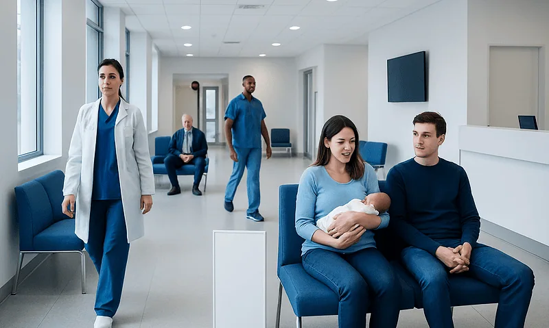 Hospital waiting area with parents and medical staff at Acibadem Hospitals Group.