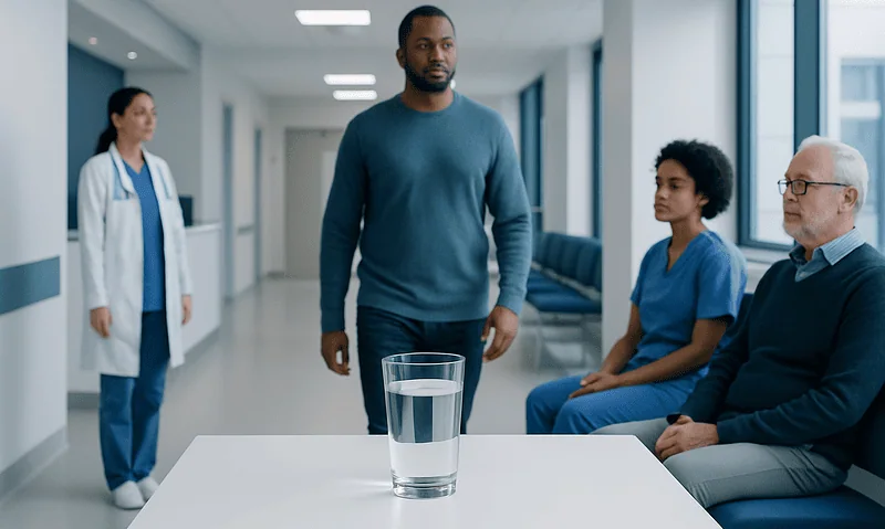 Doctor and patients in a hospital consultation room with a glass of water on the table.