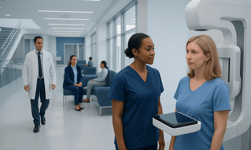 Medical professionals preparing for a 3D mammogram in a modern hospital.