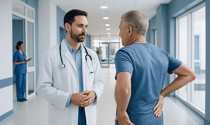 Back Pain Surgeon: An Evidence-Based Patient Guide 4 Doctor consulting a patient with back pain in a hospital corridor.