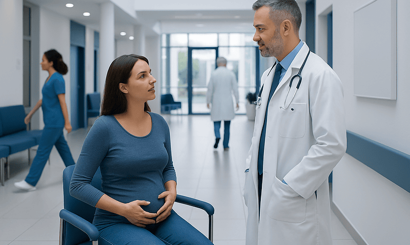 Patient consulting with doctor in hospital corridor, healthcare setting.