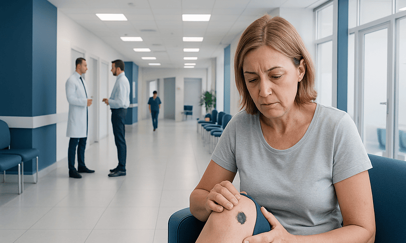 Woman examining a mole on her knee in a hospital corridor.