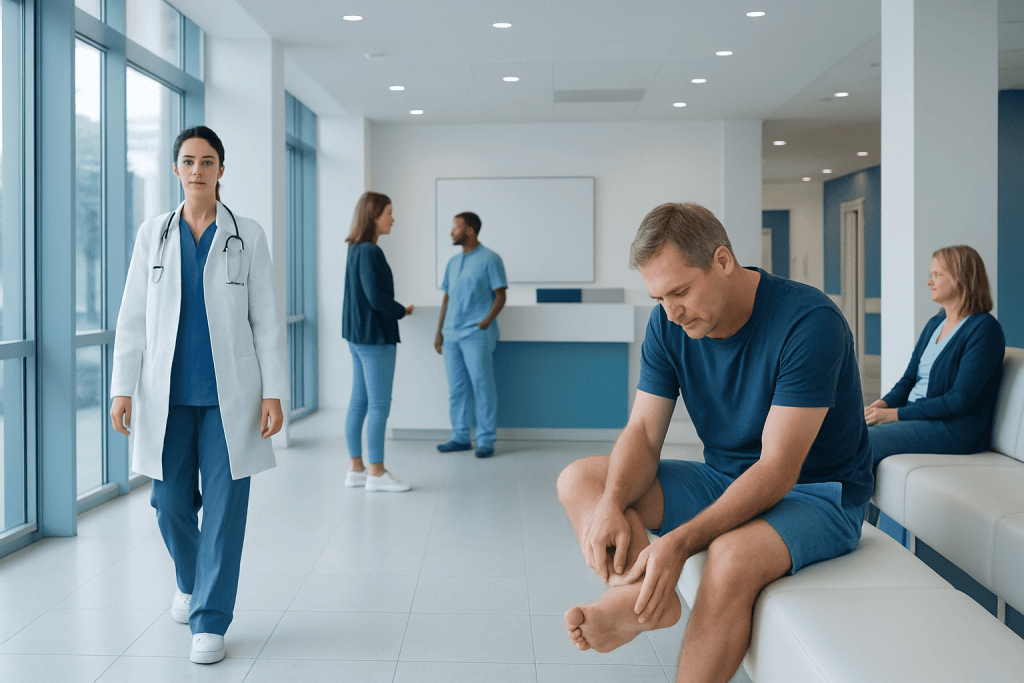 Blister Between Toes: A Complete Medical Overview 1 Patient with foot pain in hospital waiting area, healthcare professionals in background.