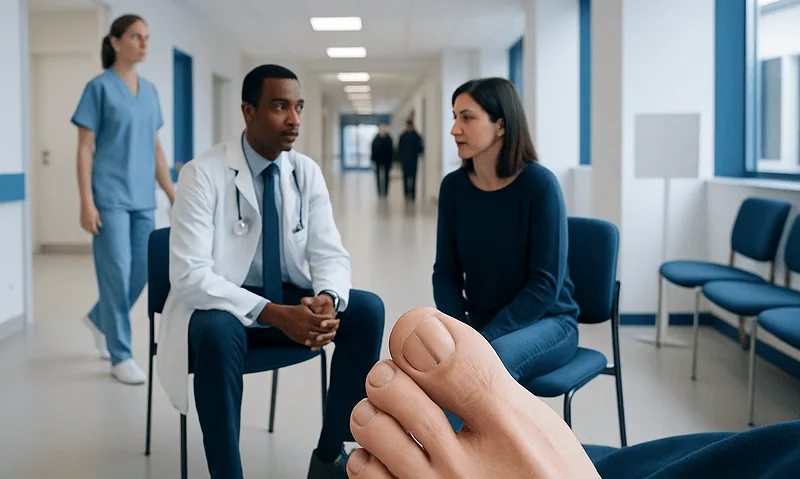 Doctor consulting with patient in hospital corridor with nurse in background.
