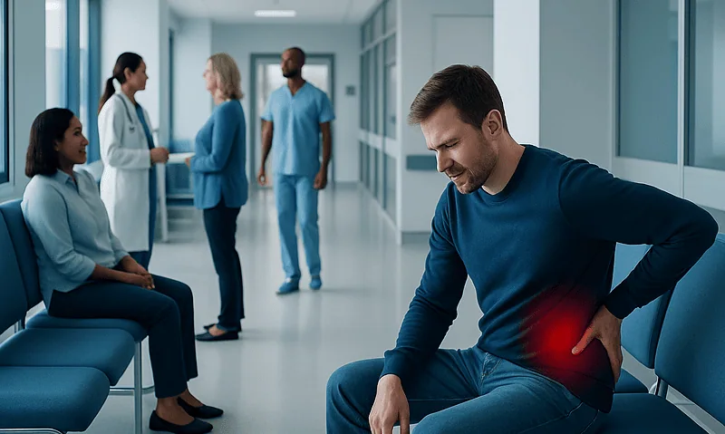 Man with back pain sitting in hospital corridor at Acibadem Hospitals Group.