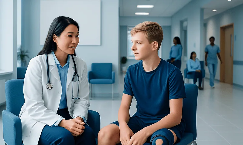 Doctor consulting a young male patient in a hospital waiting area.