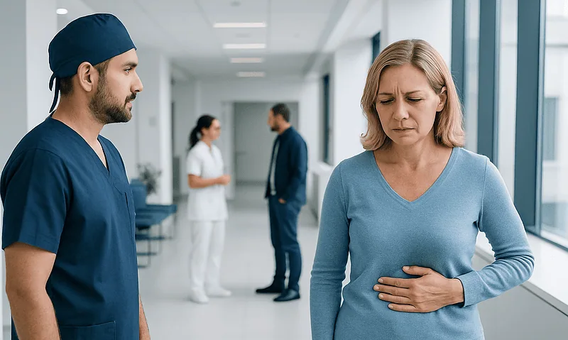 Patient experiencing abdominal pain in hospital corridor with medical staff nearby.