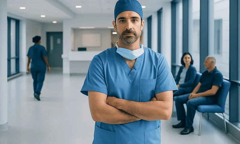Healthcare professional in a hospital corridor with patients in the background.