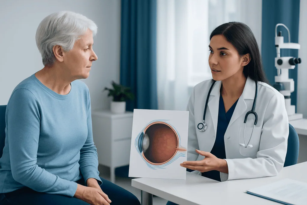 Ophthalmologist explaining diabetic cataract to elderly patient in clinic.