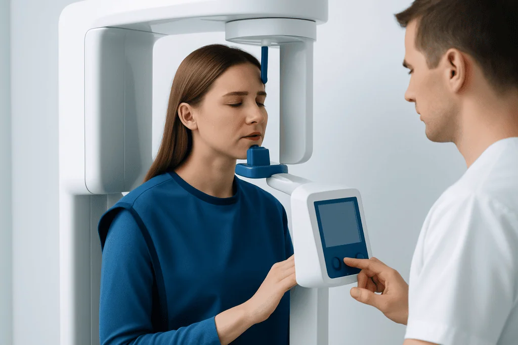 Patient undergoing dental X-ray at Acibadem Hospital for jaw assessment.
