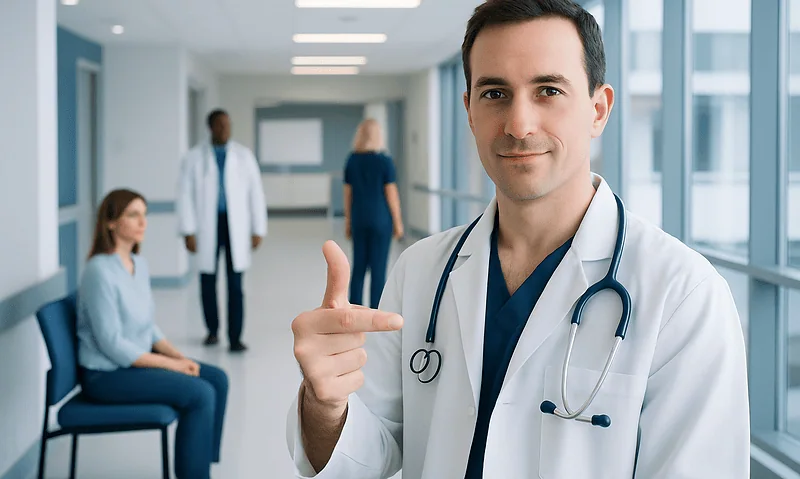 Doctor pointing at the camera in a hospital corridor with patients in the background.