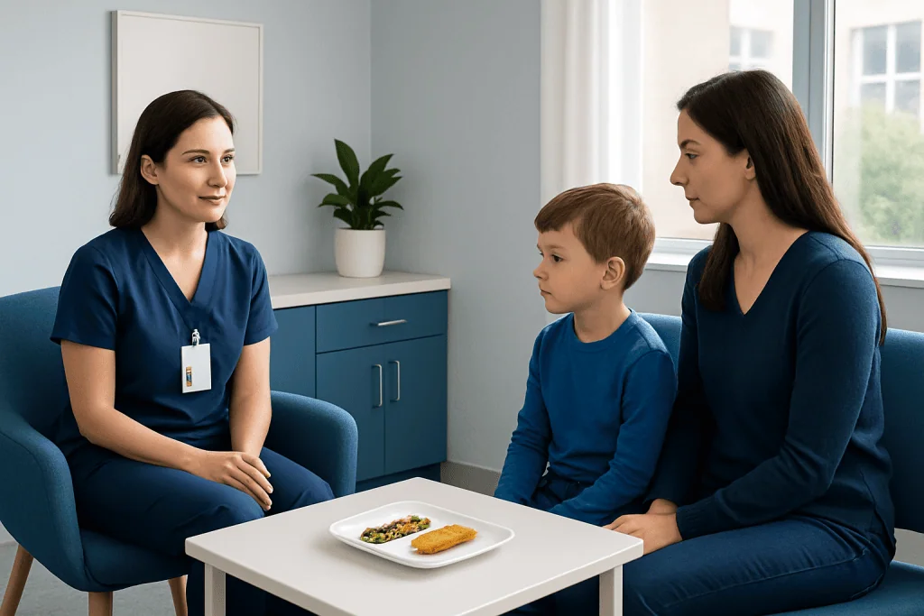 Pediatric feeding therapy session with a healthcare professional, mother, and child in a clinic.