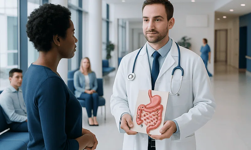 Doctor explaining gastrointestinal health with a model to a patient in a hospital corridor.