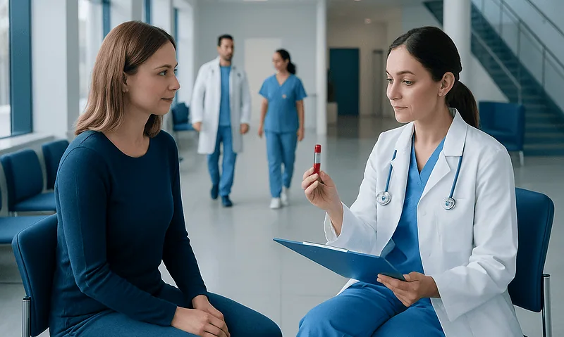 Doctor explaining test results to a patient in a hospital corridor.