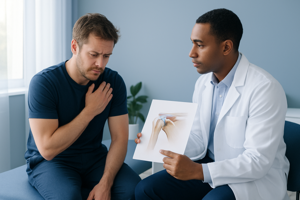 Doctor explaining shoulder injury to patient with shoulder pain.