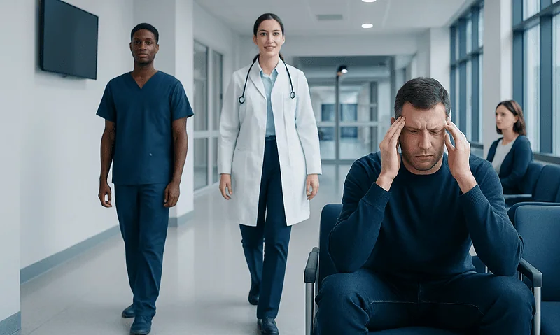 Patient experiencing headache in a hospital corridor with medical staff nearby.