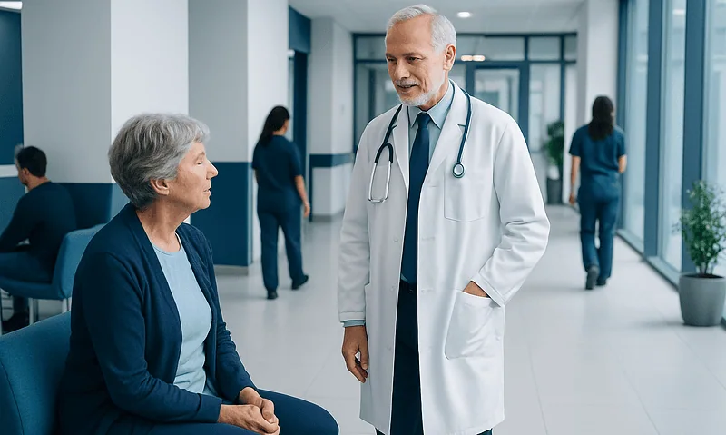 Hearing doctor consulting an elderly patient in a hospital corridor.