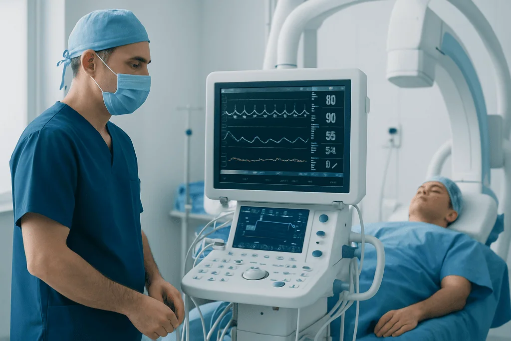 Medical professional monitoring patient during heart surgery at Acibadem Hospital.