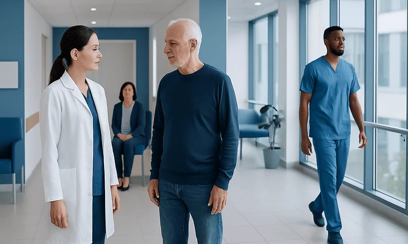 Doctor consulting with an elderly male patient in a hospital corridor.