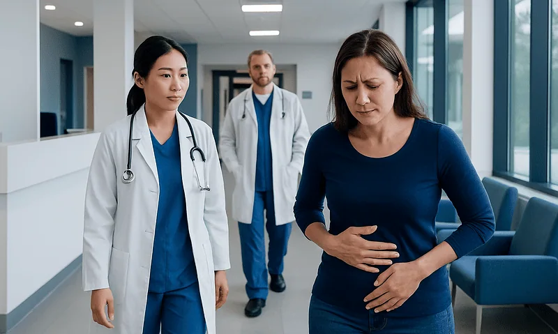 Patient experiencing stomach pain with medical staff in hospital corridor.