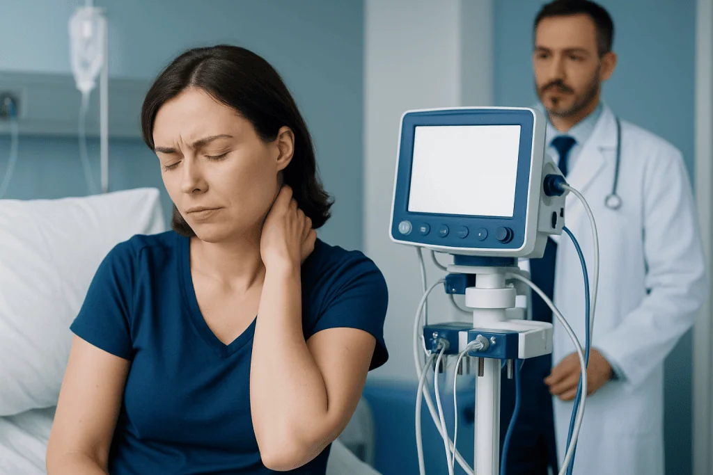 Woman experiencing neck pain in hospital with medical monitor nearby.