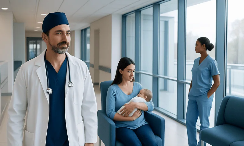 Neonatal care scene with doctor, mother, and nurse at hospital.
