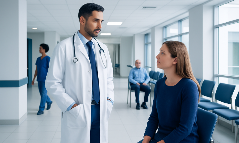 Doctor consulting a patient in a hospital corridor.