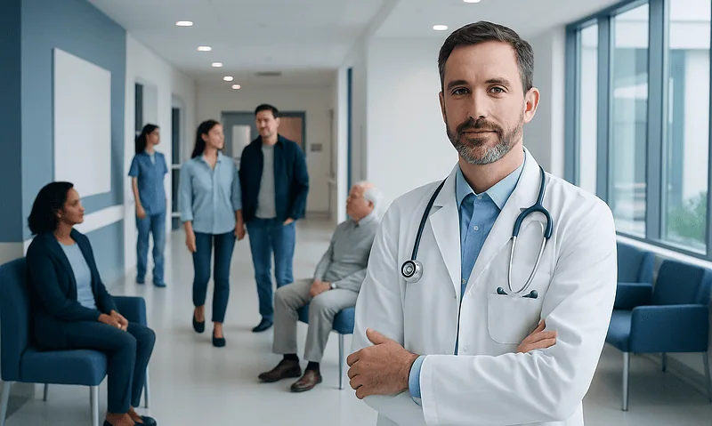 Neurovascular surgeon with patients in a hospital corridor.