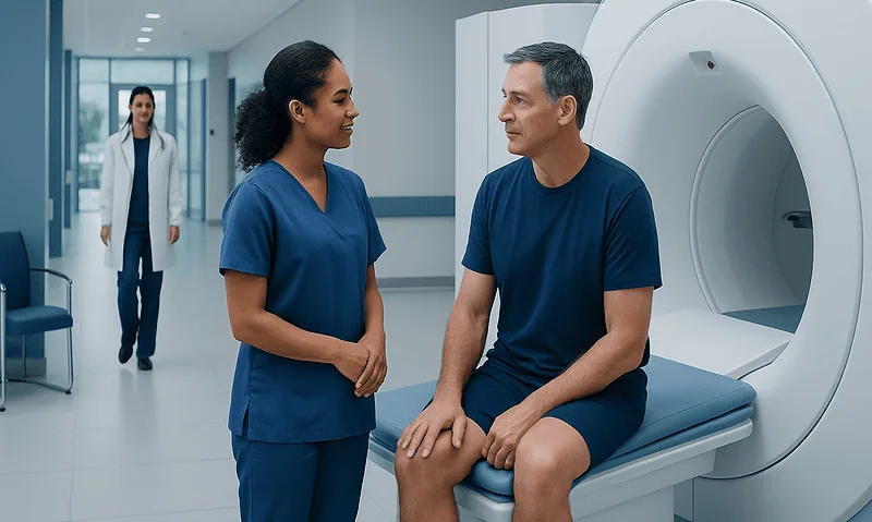 Patient undergoing MRI scan with medical staff in hospital.