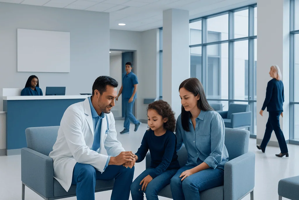 Pediatric Hand Specialist: An Evidence-Based Patient Guide 1 Pediatric patient with doctor and mother in hospital waiting area.