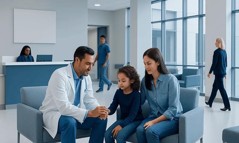 Pediatric patient with doctor and mother in hospital waiting area.