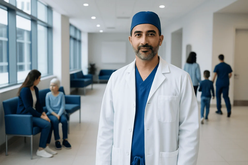 Pediatric Oncology Surgeon: An Evidence-Based Patient Guide 1 Pediatric oncology surgeon in hospital corridor with patients and staff.