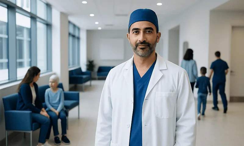 Pediatric oncology surgeon in hospital corridor with patients and staff.