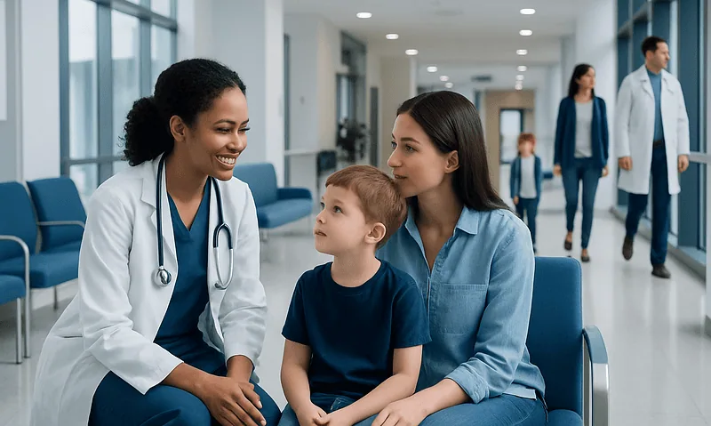 Pediatric consultation at Acibadem Hospital with doctor and mother.