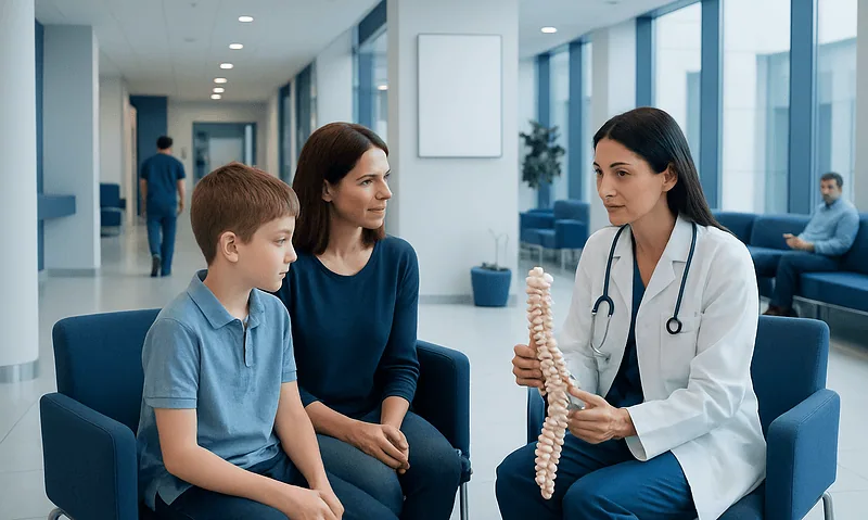 Pediatric spine consultation at Acibadem Hospital with doctor and young patient.