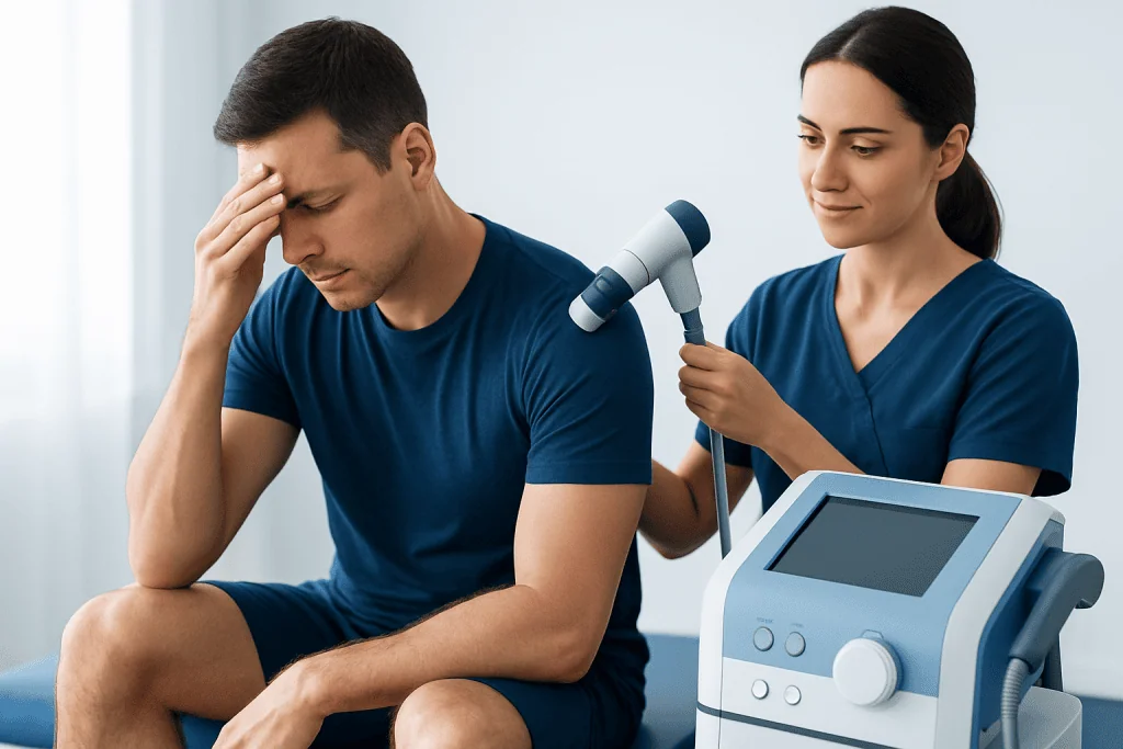 Doctor performing physiotherapy on a man with headache symptoms.