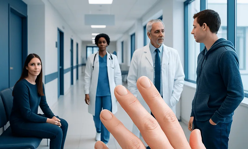 Doctor consulting with patient in hospital corridor with medical staff nearby.