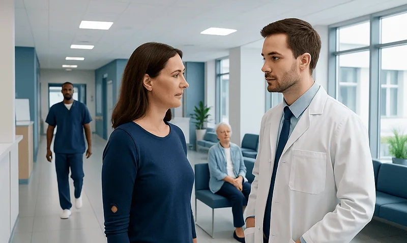 Doctor and patient having a consultation in a hospital corridor.