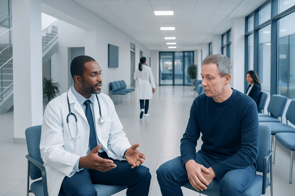 Prostate Specialist: An Evidence-Based Patient Guide 1 Doctor consulting with male patient in hospital corridor.