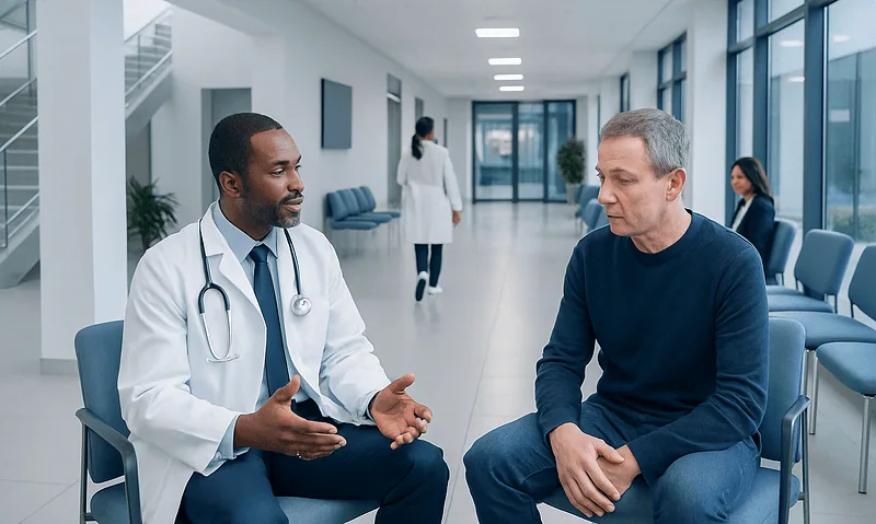 Doctor consulting with male patient in hospital corridor.