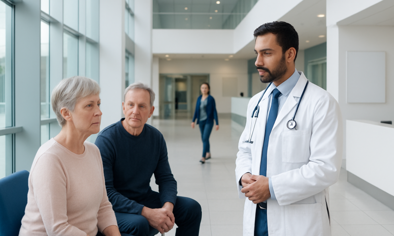 Doctor consulting elderly patients in a hospital lobby.